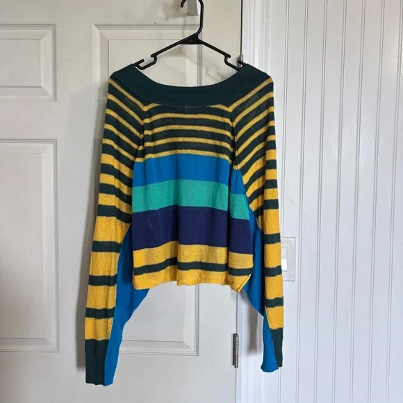 Free People Block Party Pullover Top Striped Oversized linen blend Knit Sweater - Picture 4 of 11